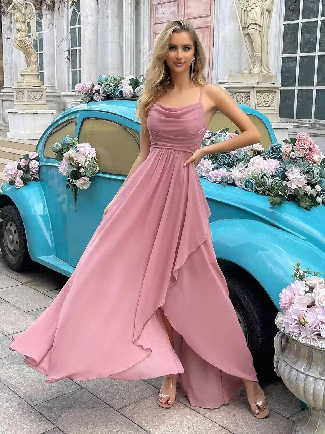 Chiffon Long Bridesmaid Dresses for Wedding 2025 Women's Spaghetti Straps Formal Evening Party Gown with Slit.