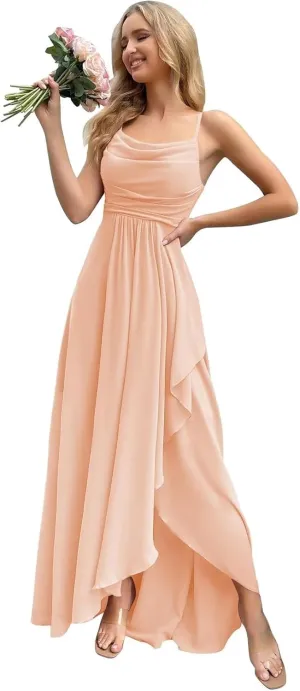 Chiffon Long Bridesmaid Dresses for Wedding 2025 Women's Spaghetti Straps Formal Evening Party Gown with Slit.