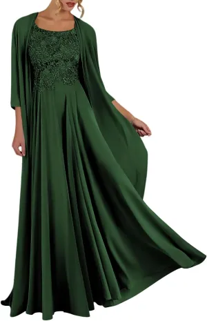 Chiffon Mother of The Bride Dresses with Jacket 2 Piece Wedding Party Dress Long Formal Gowns DN96