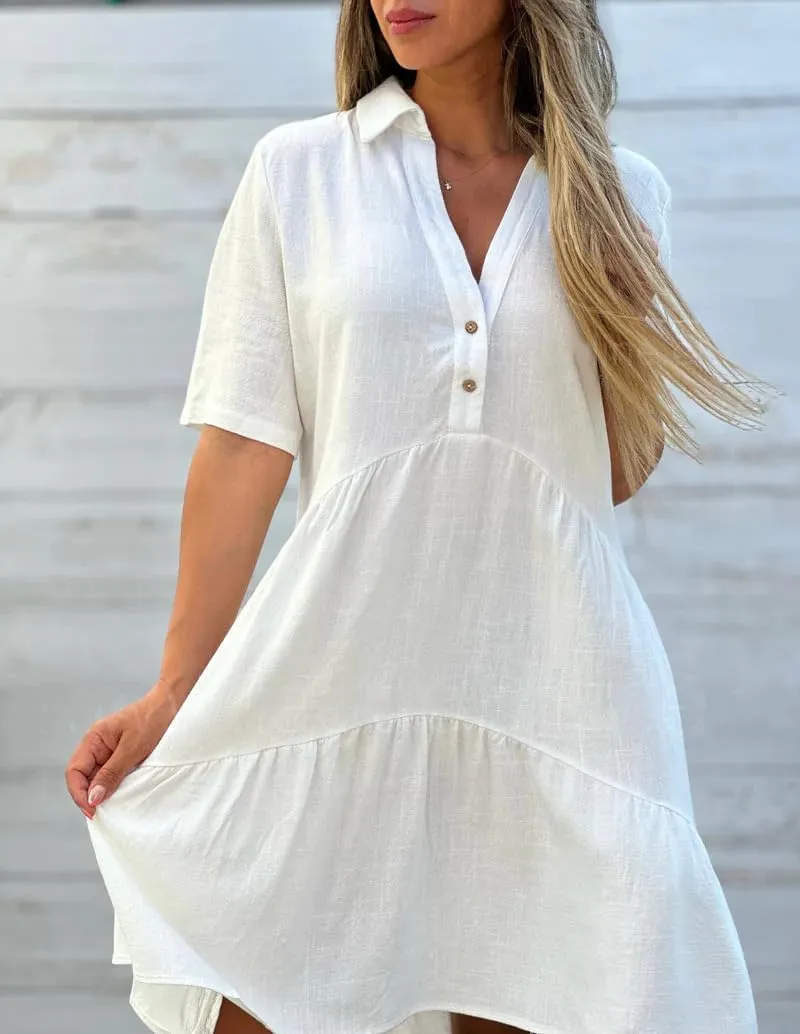 chouyatou Women's Button Up Polo Collared Cotton Linen Loose Dress Short Sleeve Ruffle Babydoll Tunic Mini Dress