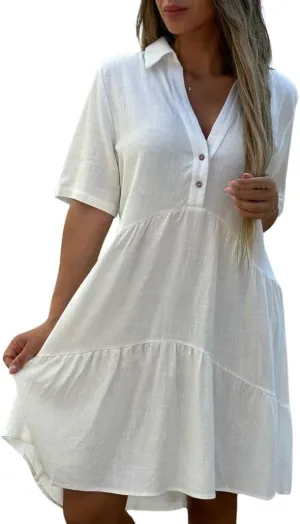 chouyatou Women's Button Up Polo Collared Cotton Linen Loose Dress Short Sleeve Ruffle Babydoll Tunic Mini Dress