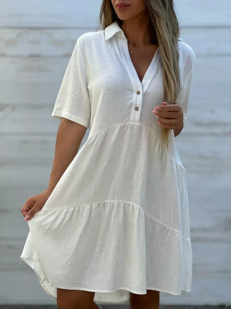 chouyatou Women's Button Up Polo Collared Cotton Linen Loose Dress Short Sleeve Ruffle Babydoll Tunic Mini Dress