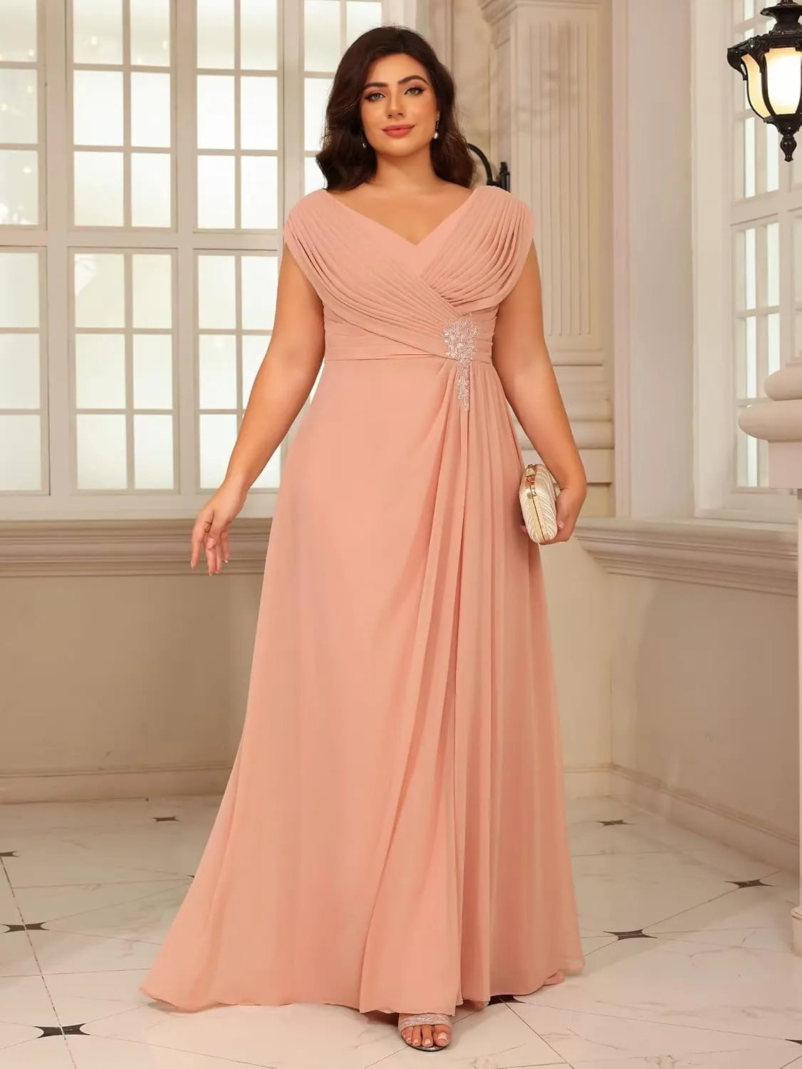 Clothfun V Neck Mother of The Bride Dresses for Wedding Lace Applique Chiffon Sleeveless Formal Evening Dress CY217