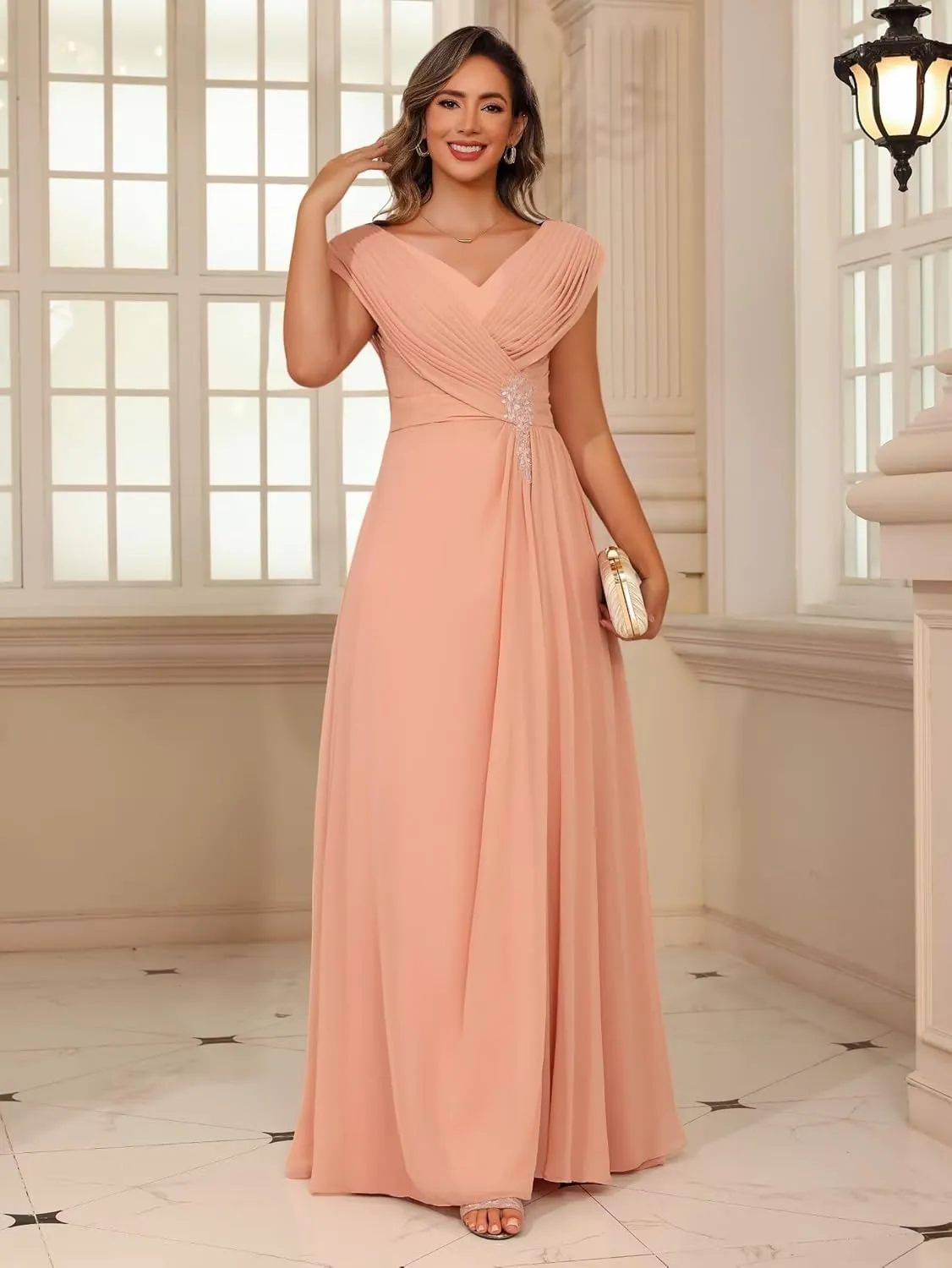 Clothfun V Neck Mother of The Bride Dresses for Wedding Lace Applique Chiffon Sleeveless Formal Evening Dress CY217