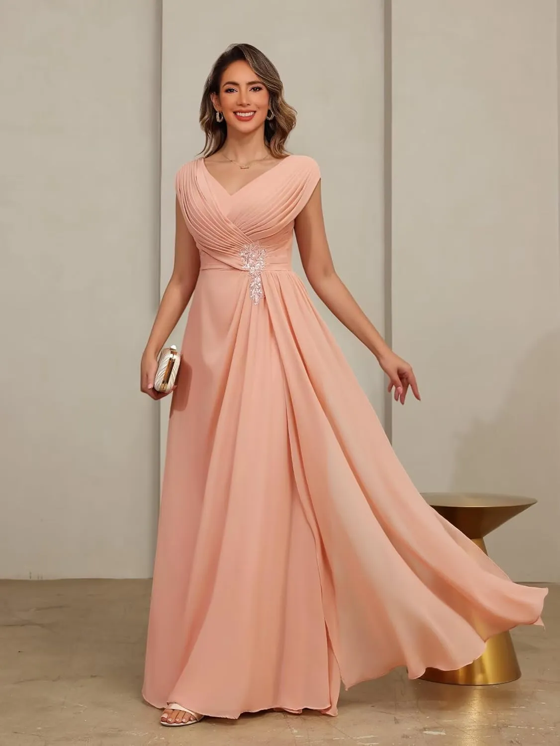 Clothfun V Neck Mother of The Bride Dresses for Wedding Lace Applique Chiffon Sleeveless Formal Evening Dress CY217