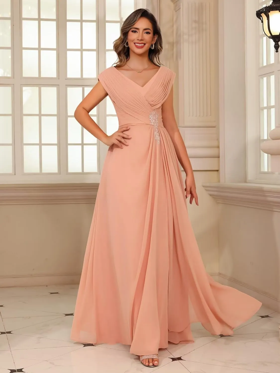 Clothfun V Neck Mother of The Bride Dresses for Wedding Lace Applique Chiffon Sleeveless Formal Evening Dress CY217