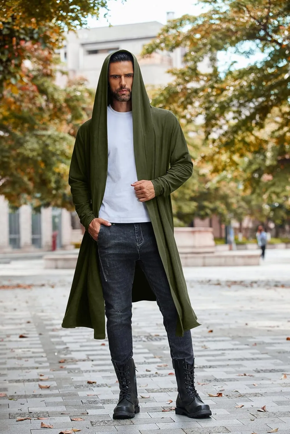 COOFANDY Long Hooded Cardigan Men Lightweight Cloak Costume Open Front Drape Cape Overcoat with Pockets