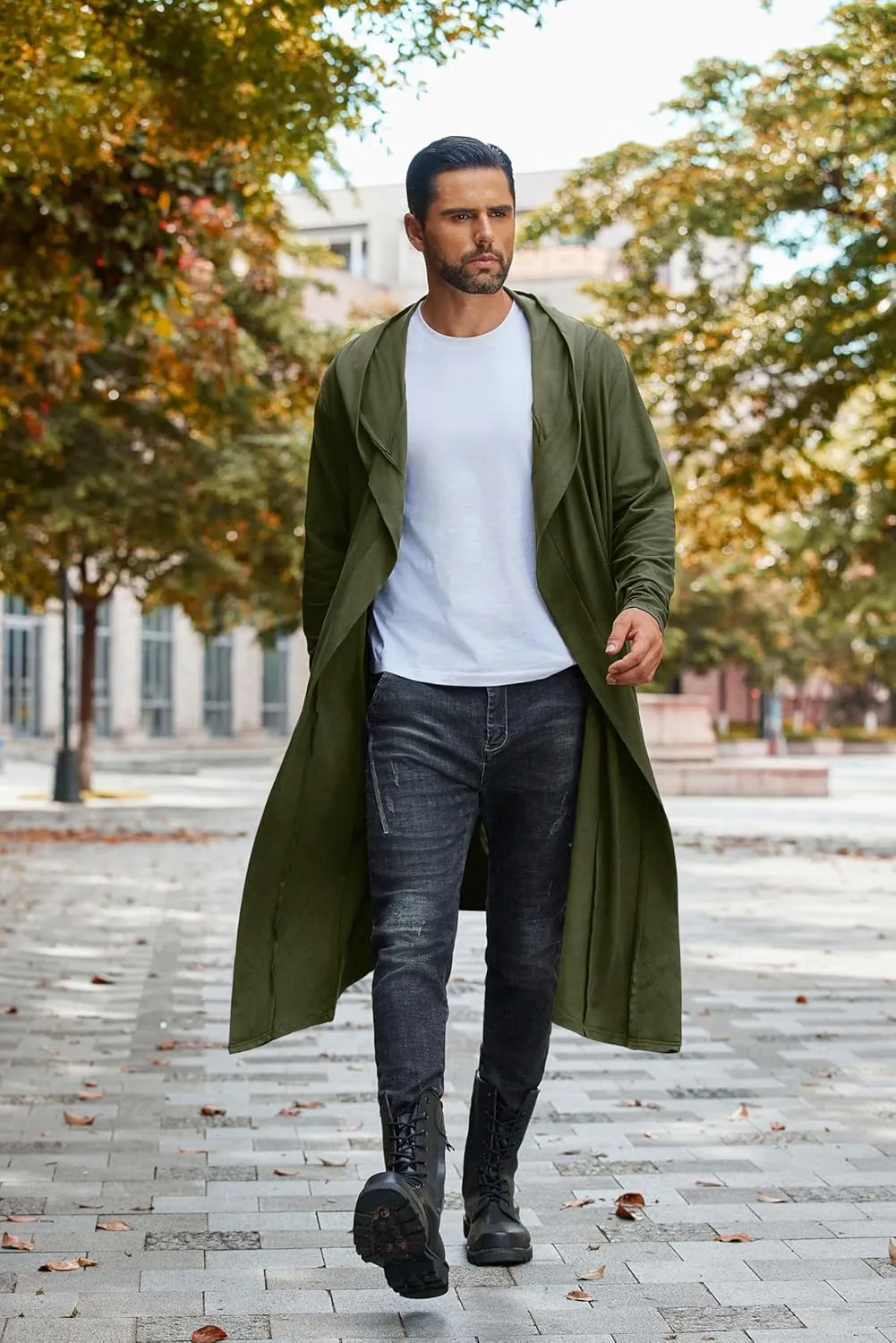 COOFANDY Long Hooded Cardigan Men Lightweight Cloak Costume Open Front Drape Cape Overcoat with Pockets