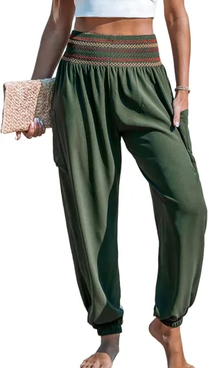 CUPSHE Women Pants Smocked Waist Tie Boho Tapered Lace Up Loose Fit Pant Casual Beach