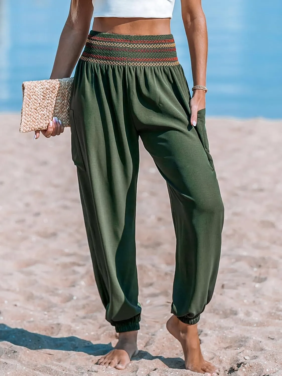 CUPSHE Women Pants Smocked Waist Tie Boho Tapered Lace Up Loose Fit Pant Casual Beach