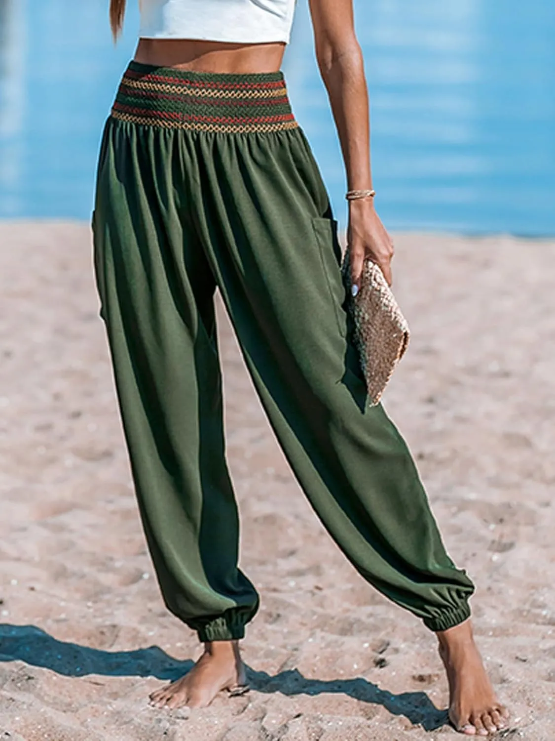CUPSHE Women Pants Smocked Waist Tie Boho Tapered Lace Up Loose Fit Pant Casual Beach