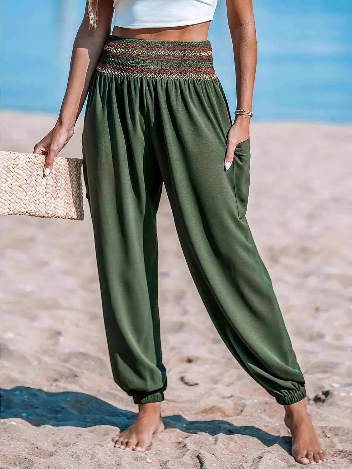 CUPSHE Women Pants Smocked Waist Tie Boho Tapered Lace Up Loose Fit Pant Casual Beach