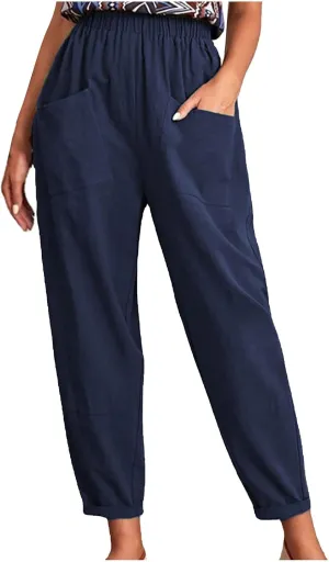 DASAYO Linen Pants for Women Trendy Elastic Wasit Casual Tapered Pants Lightweight Comfy Trousers with Pockets Summer Clothes