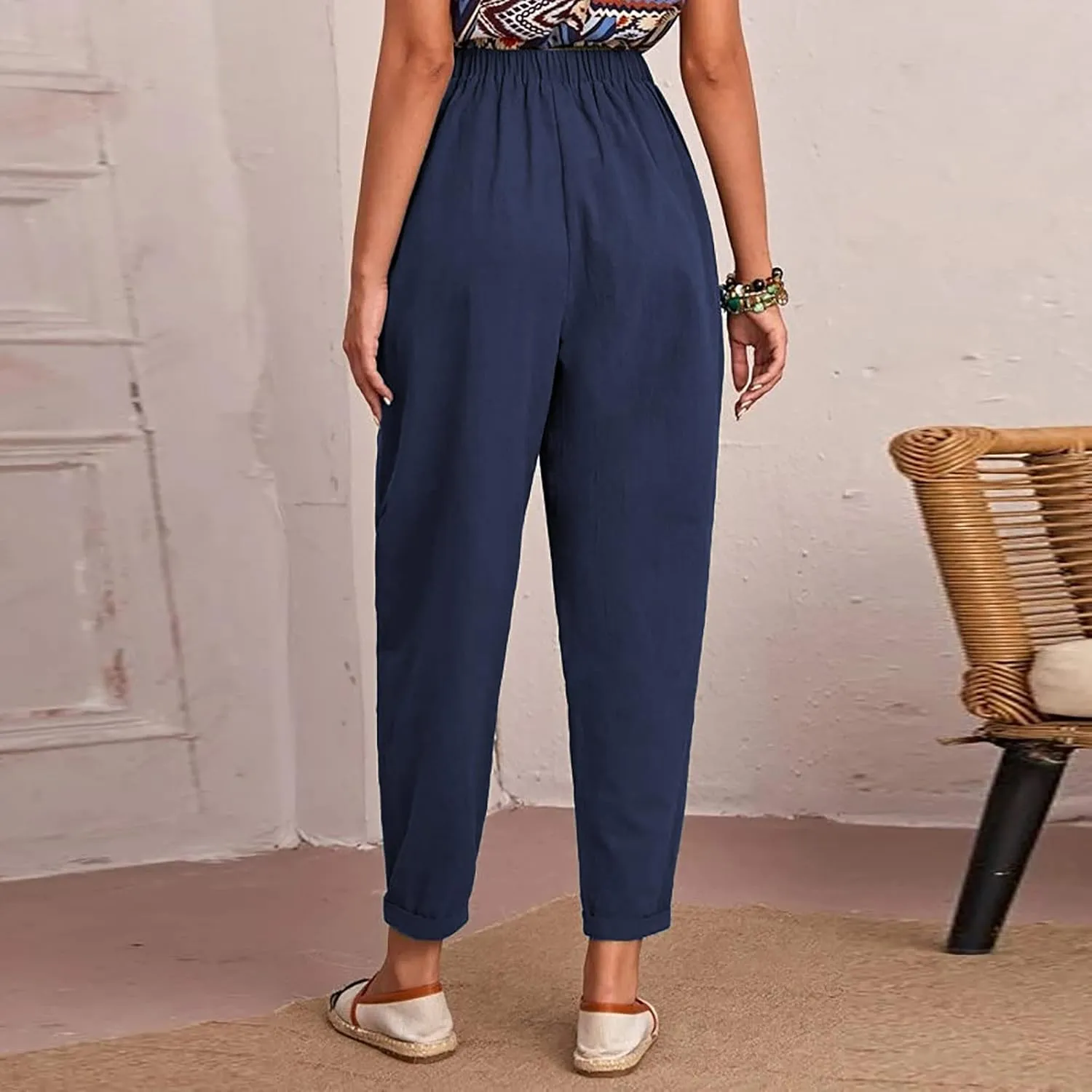 DASAYO Linen Pants for Women Trendy Elastic Wasit Casual Tapered Pants Lightweight Comfy Trousers with Pockets Summer Clothes