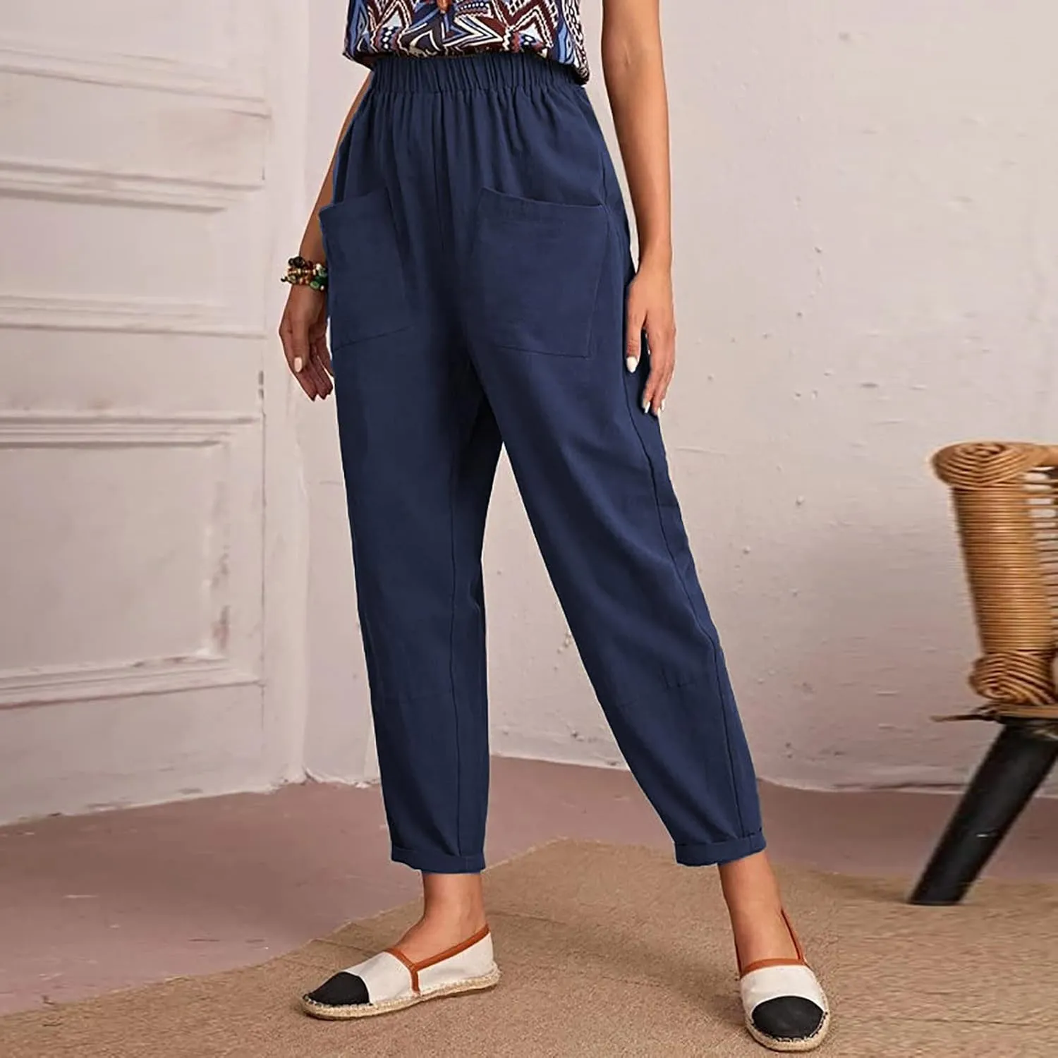 DASAYO Linen Pants for Women Trendy Elastic Wasit Casual Tapered Pants Lightweight Comfy Trousers with Pockets Summer Clothes
