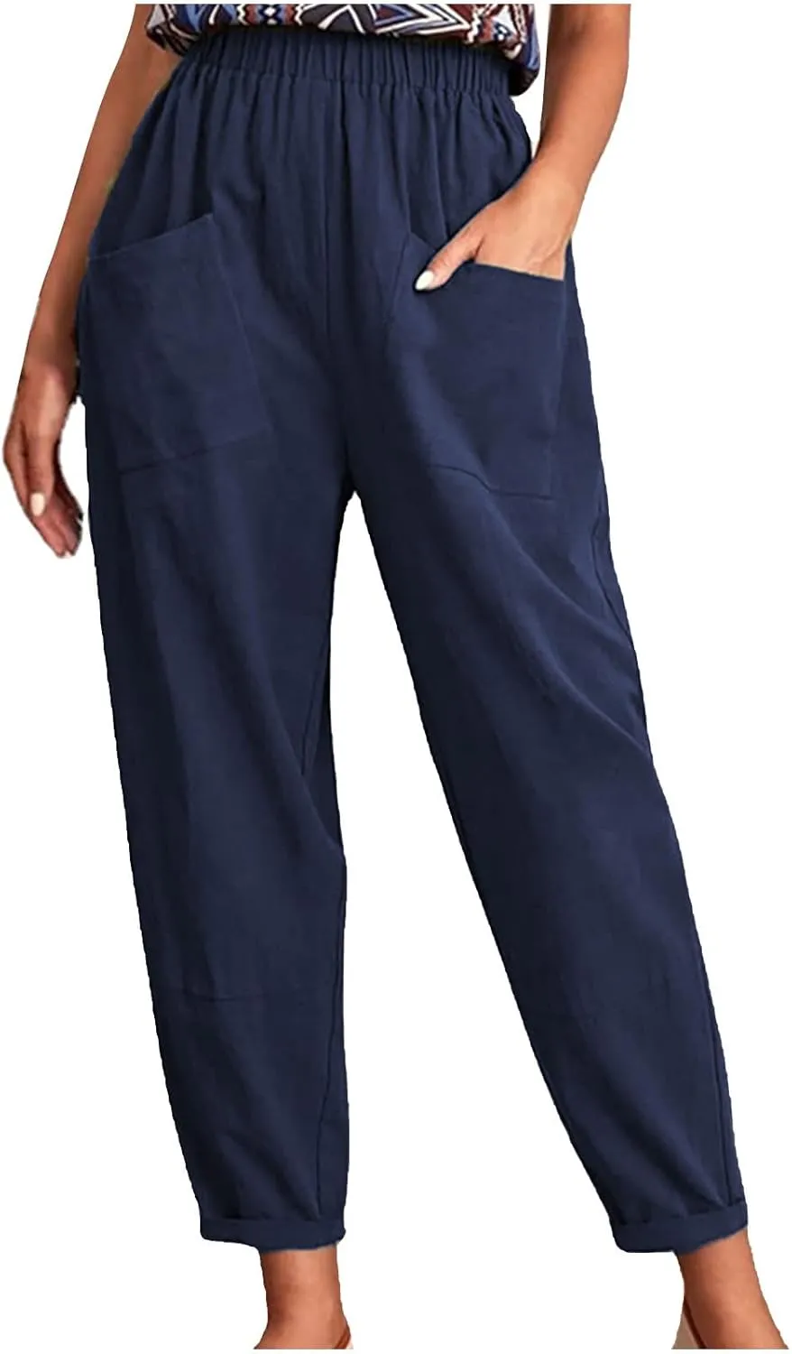 DASAYO Linen Pants for Women Trendy Elastic Wasit Casual Tapered Pants Lightweight Comfy Trousers with Pockets Summer Clothes