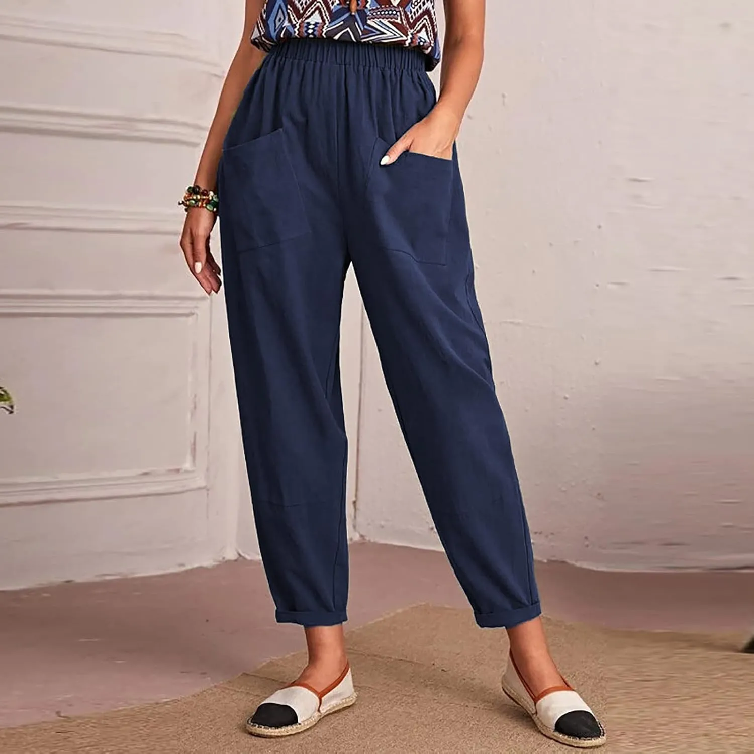 DASAYO Linen Pants for Women Trendy Elastic Wasit Casual Tapered Pants Lightweight Comfy Trousers with Pockets Summer Clothes
