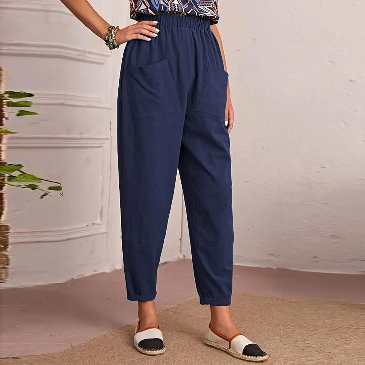 DASAYO Linen Pants for Women Trendy Elastic Wasit Casual Tapered Pants Lightweight Comfy Trousers with Pockets Summer Clothes