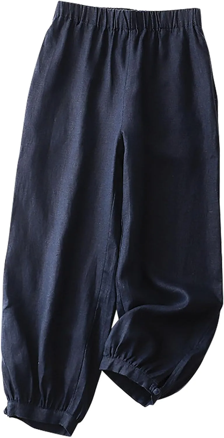 DASAYO Linen Pants Women Elastic Waist Baggy Casual Trousers Loose Fit Herem Pants with Pockets Ladies Summer Outfits Fashion