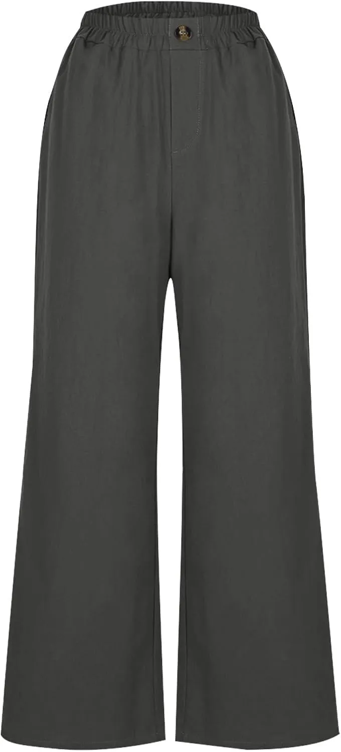 DASAYO Linen Pants Women Summer Elastic Waist Wide Leg Trousers with Pockets Ladies Loose Lounge Cropped Palazzo Beach Pants