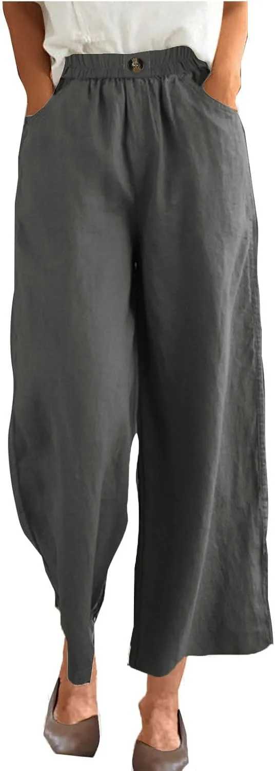 DASAYO Linen Pants Women Summer Elastic Waist Wide Leg Trousers with Pockets Ladies Loose Lounge Cropped Palazzo Beach Pants