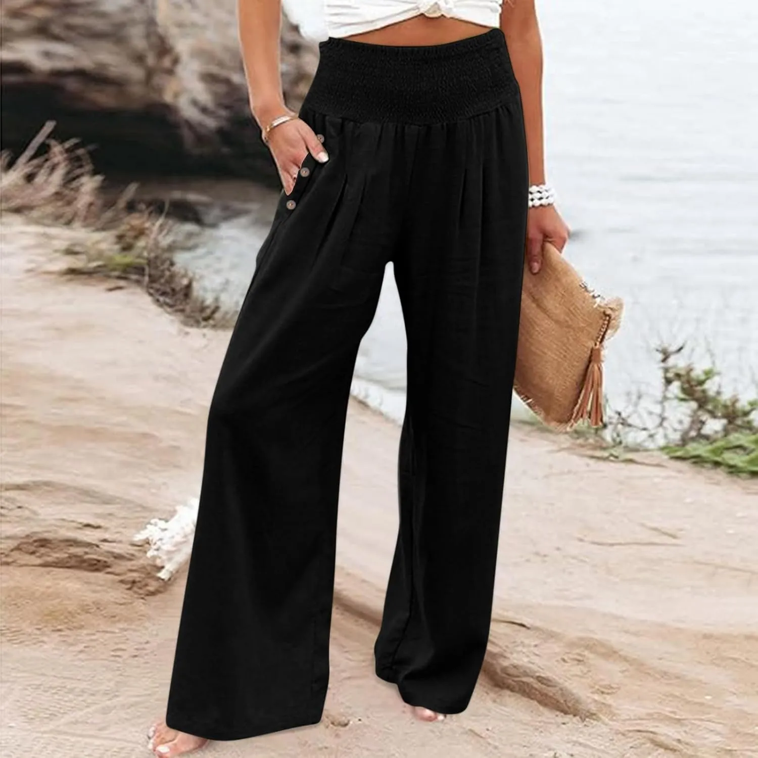 DASAYO Linen Pants Women Summer Smocked High Waisted Palazzo Pants Dressy Casual Ladies Loose Lounge Trousers with Pockets