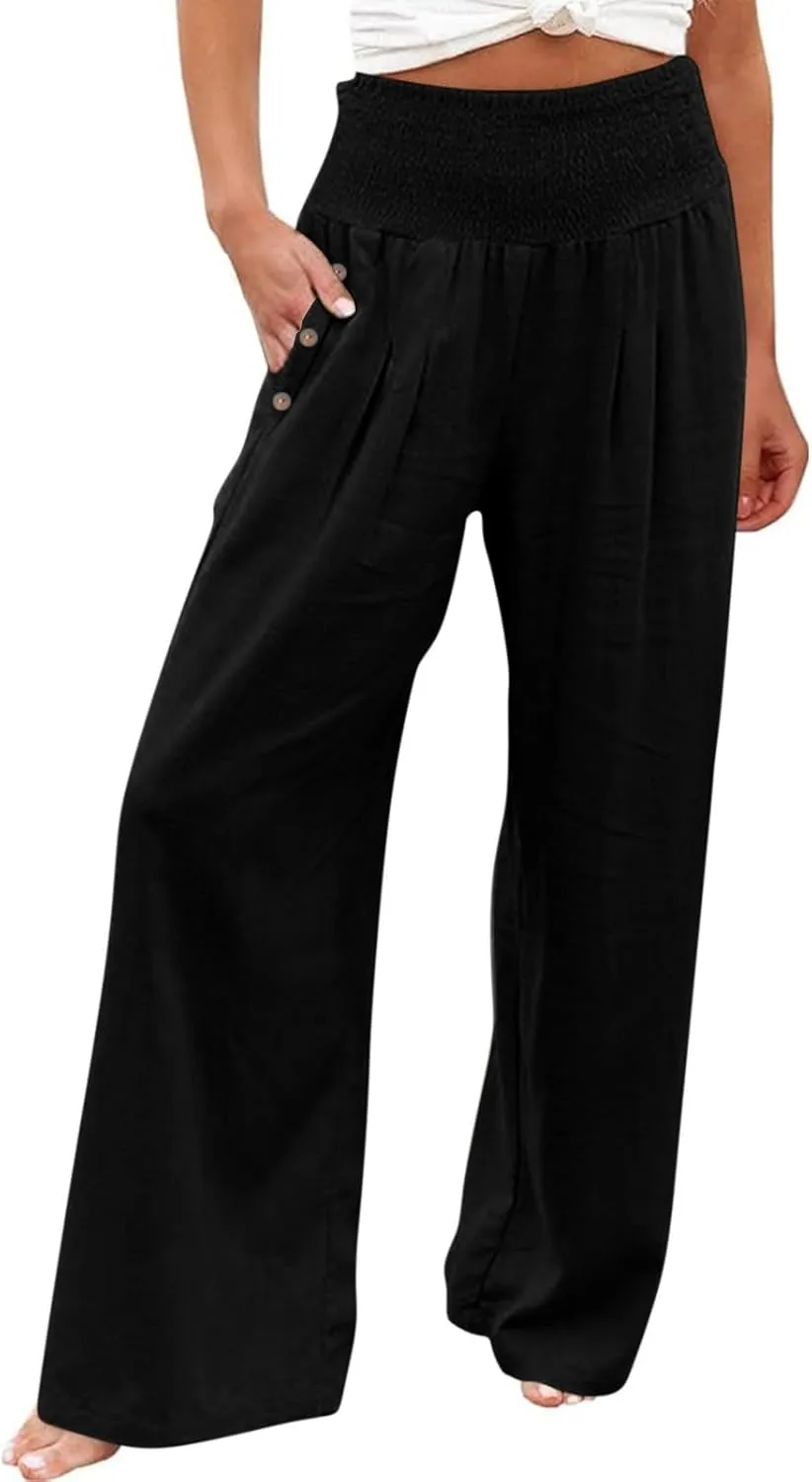 DASAYO Linen Pants Women Summer Smocked High Waisted Palazzo Pants Dressy Casual Ladies Loose Lounge Trousers with Pockets