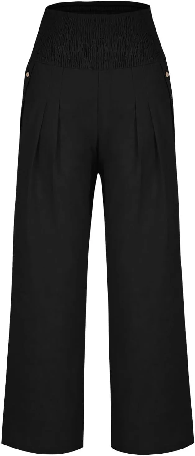 DASAYO Linen Pants Women Summer Smocked High Waisted Palazzo Pants Dressy Casual Ladies Loose Lounge Trousers with Pockets