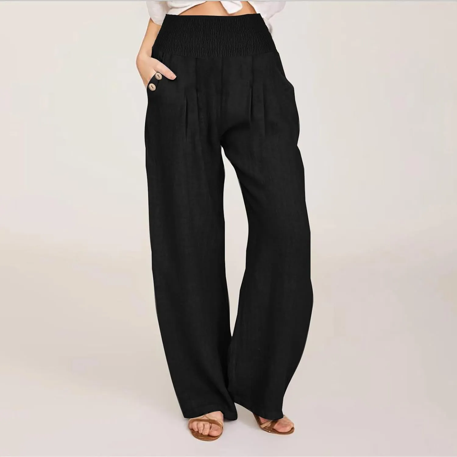 DASAYO Linen Pants Women Summer Smocked High Waisted Palazzo Pants Dressy Casual Ladies Loose Lounge Trousers with Pockets