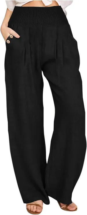 DASAYO Linen Pants Women Summer Smocked High Waisted Palazzo Pants Dressy Casual Ladies Loose Lounge Trousers with Pockets