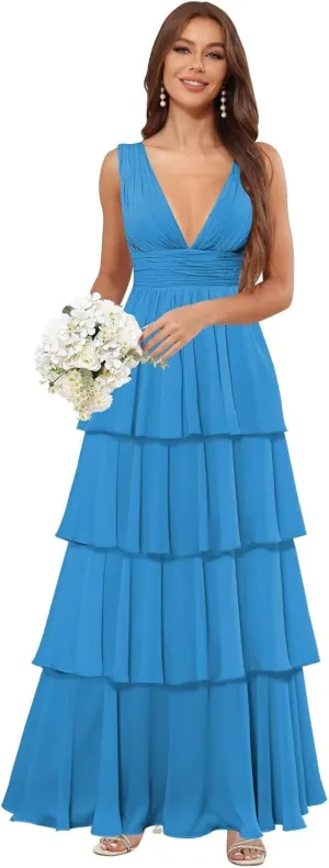 Deep V Neck Prom Dresses for Women Chiffon Tiered Bridesmaid Formal Evening Dress
