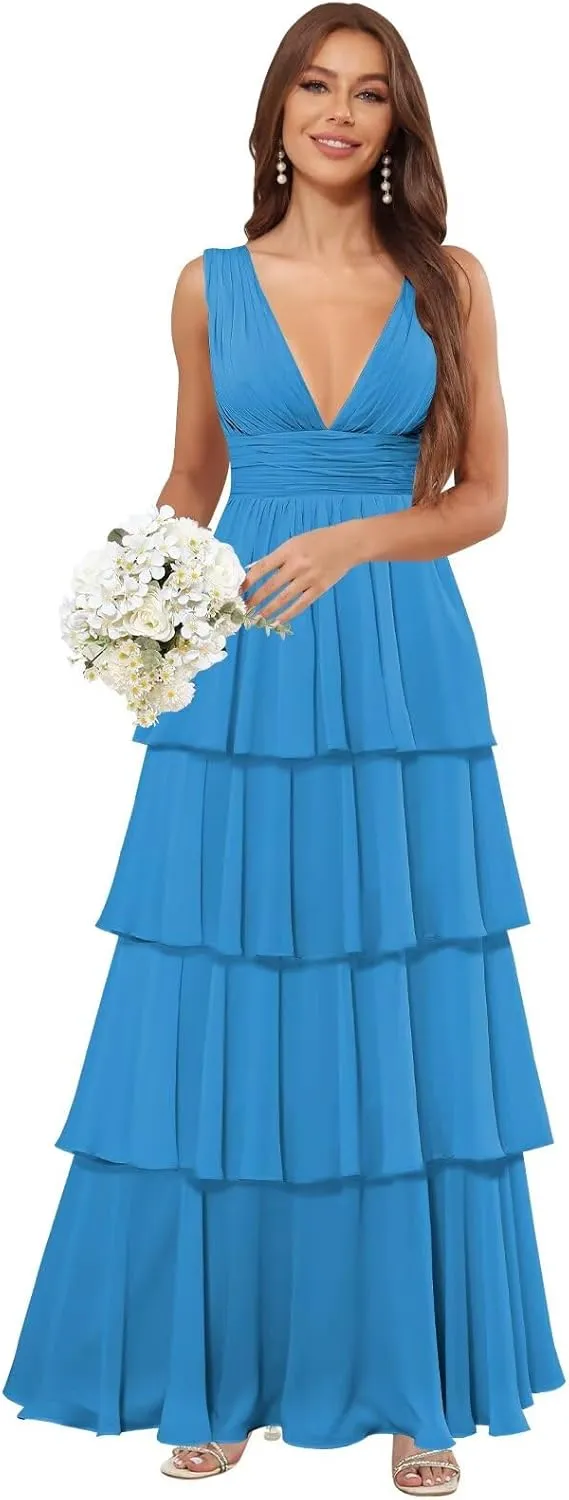 Deep V Neck Prom Dresses for Women Chiffon Tiered Bridesmaid Formal Evening Dress