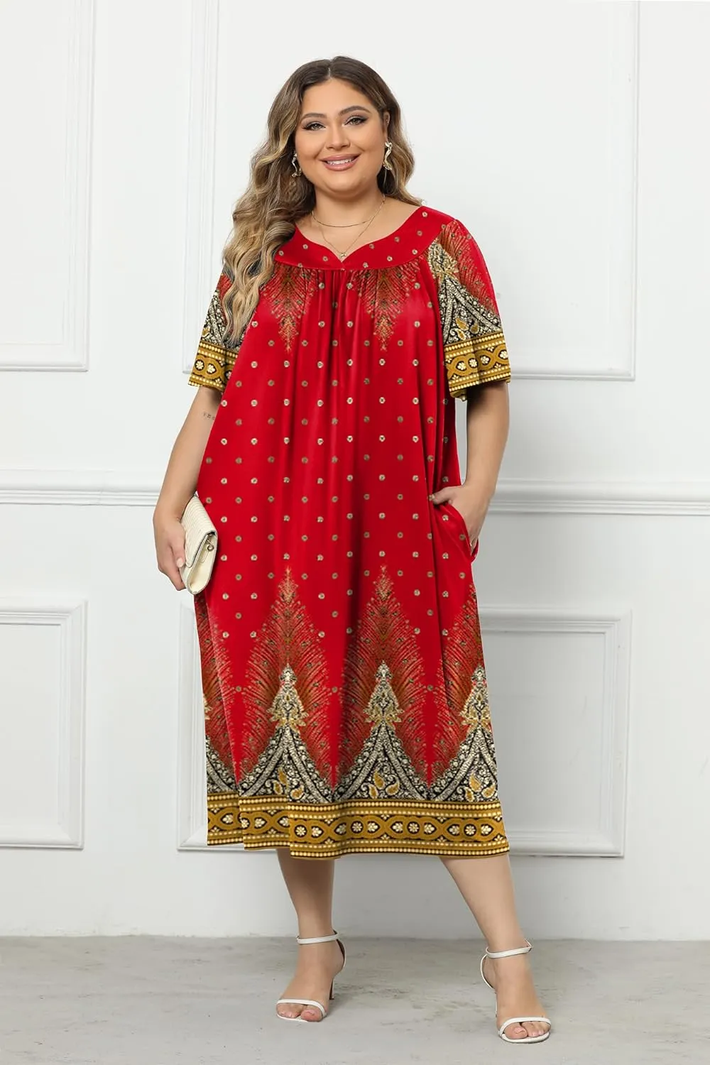 Ekouaer Plus Women's Plus Size Mumu Dress Short Sleeve House Dress Momo Sleepdress with Pockets