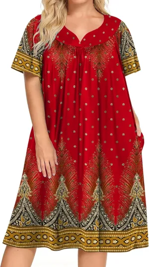 Ekouaer Plus Women's Plus Size Mumu Dress Short Sleeve House Dress Momo Sleepdress with Pockets