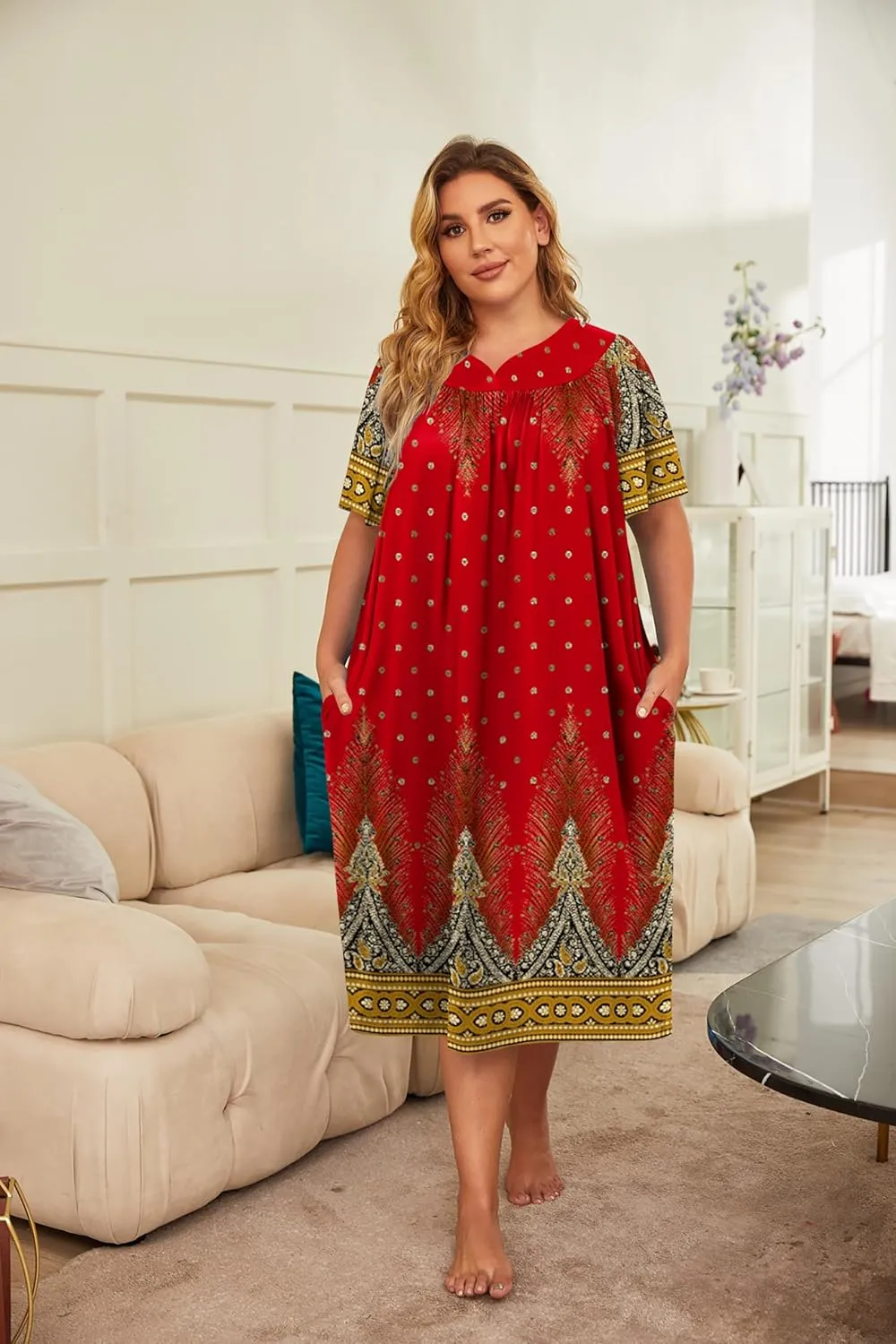 Ekouaer Plus Women's Plus Size Mumu Dress Short Sleeve House Dress Momo Sleepdress with Pockets