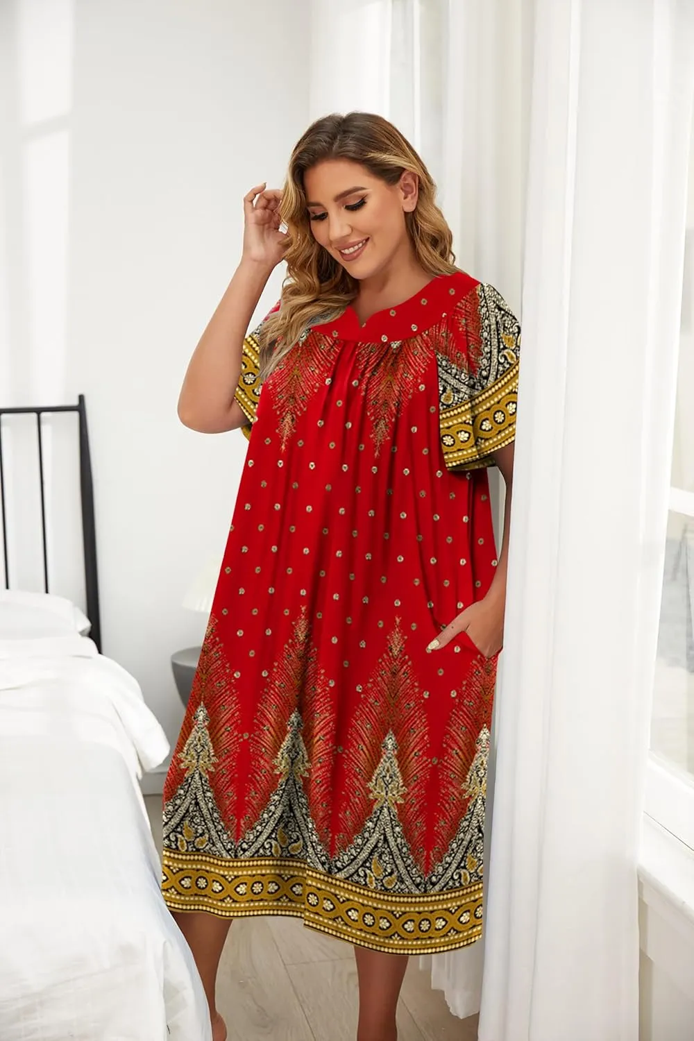 Ekouaer Plus Women's Plus Size Mumu Dress Short Sleeve House Dress Momo Sleepdress with Pockets