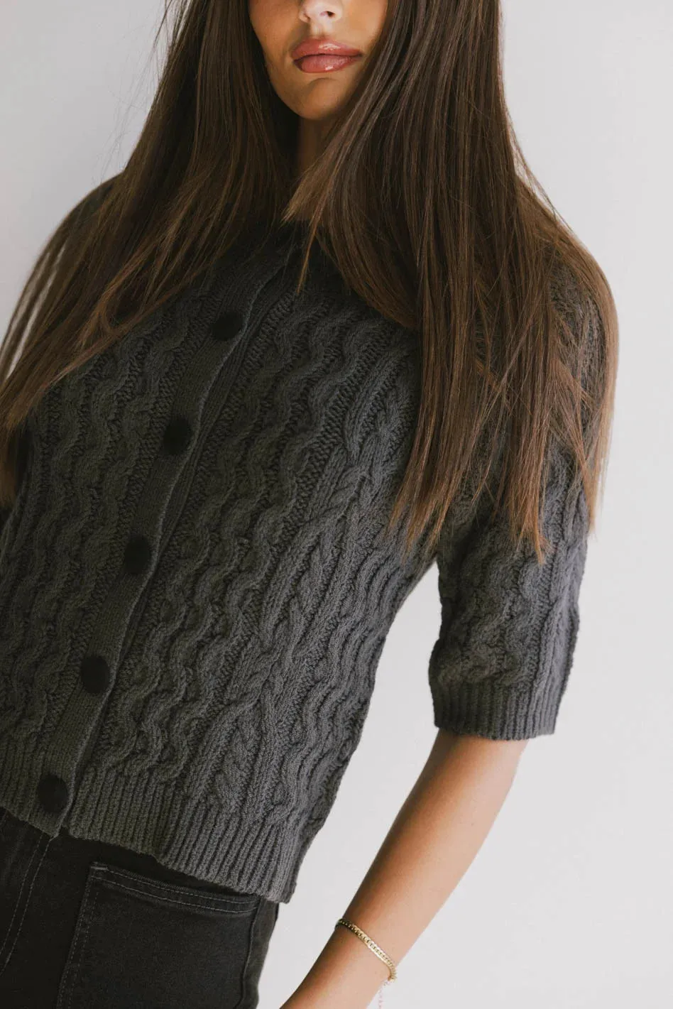 Erika Cable Knit Cardigan in Charcoal