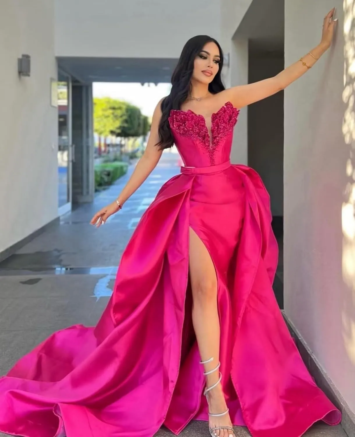 Fair Lady Women's Prom Dress with Slit Long Ball Gown Strapless Satin Formal Evening Party Gown with Detachable Train