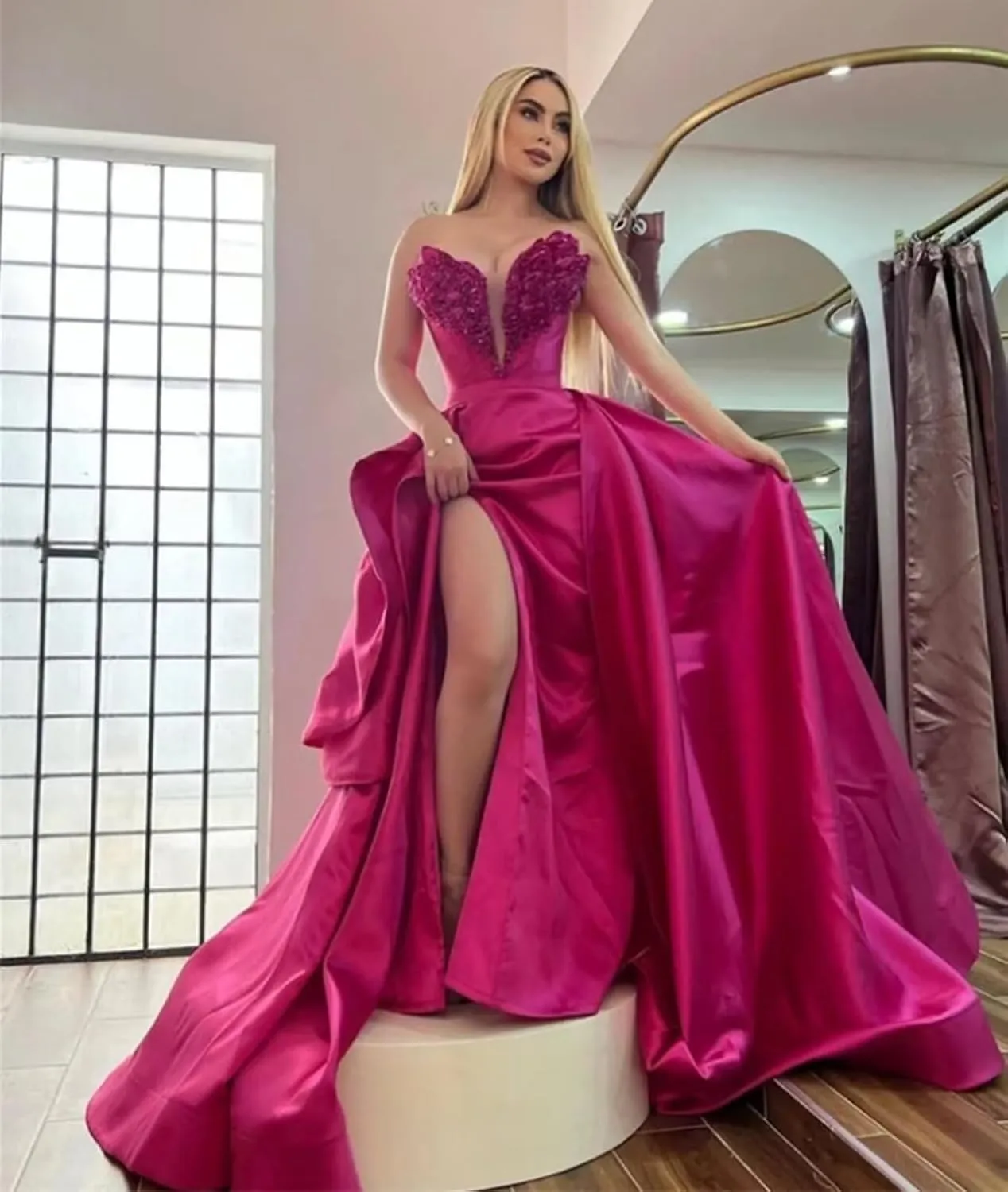 Fair Lady Women's Prom Dress with Slit Long Ball Gown Strapless Satin Formal Evening Party Gown with Detachable Train