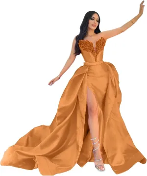 Fair Lady Women's Prom Dress with Slit Long Ball Gown Strapless Satin Formal Evening Party Gown with Detachable Train