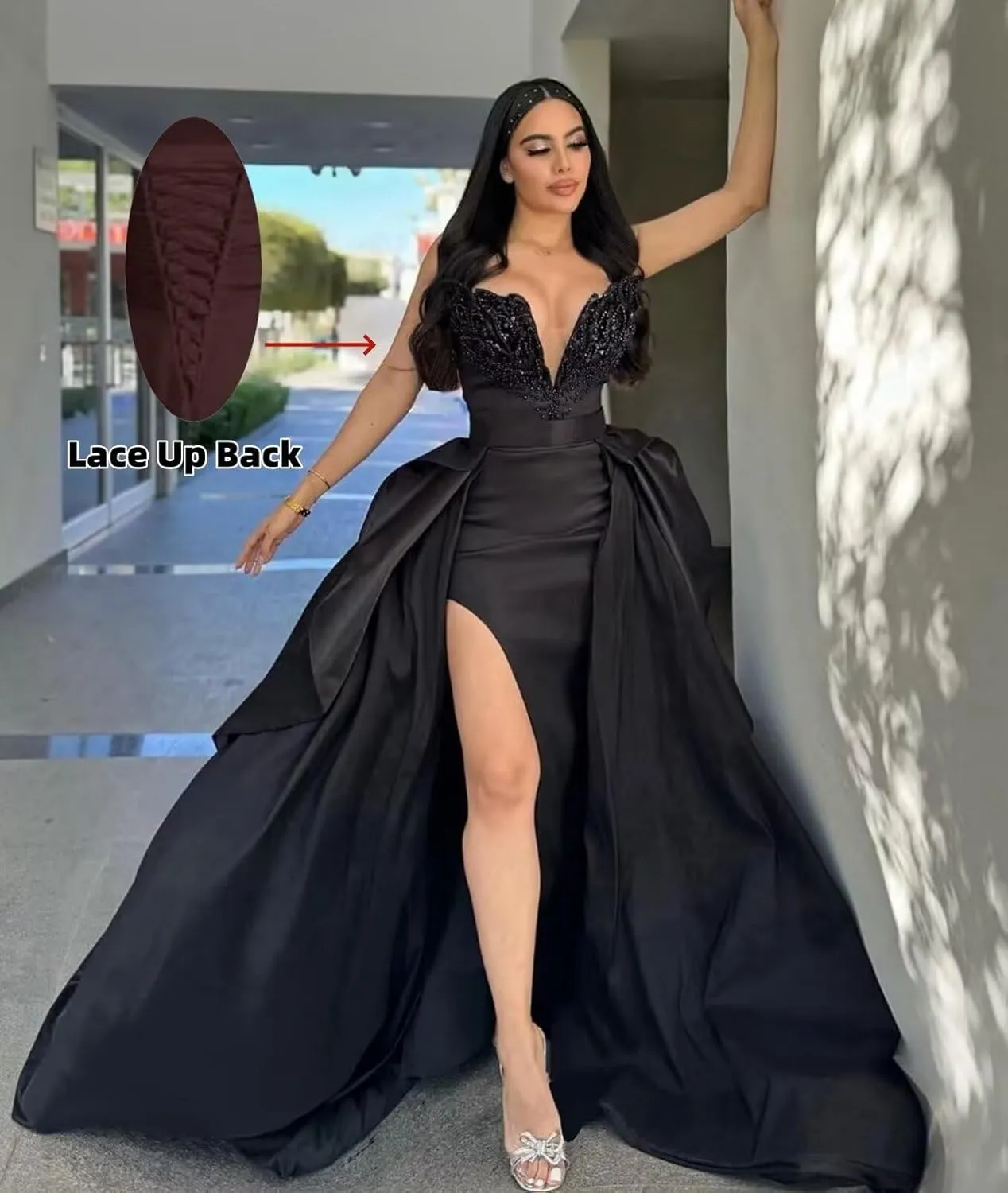 Fair Lady Women's Prom Dress with Slit Long Ball Gown Strapless Satin Formal Evening Party Gown with Detachable Train