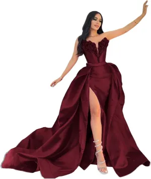 Fair Lady Women's Prom Dress with Slit Long Ball Gown Strapless Satin Formal Evening Party Gown with Detachable Train