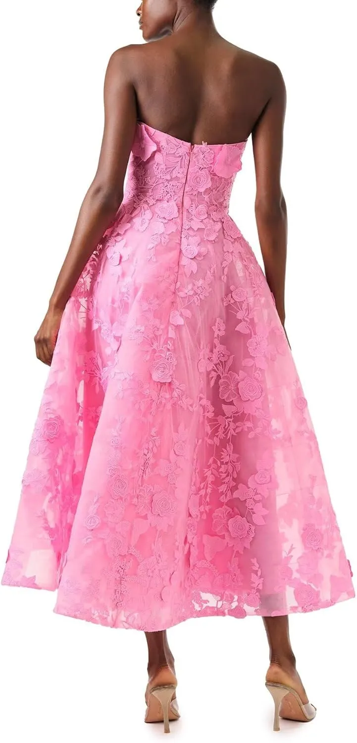 FANGHEIA Strapless 3D Floral Laces Prom Dress for Women Sweetheart Formal Party Gowns Tea Length Princess Evening Dress