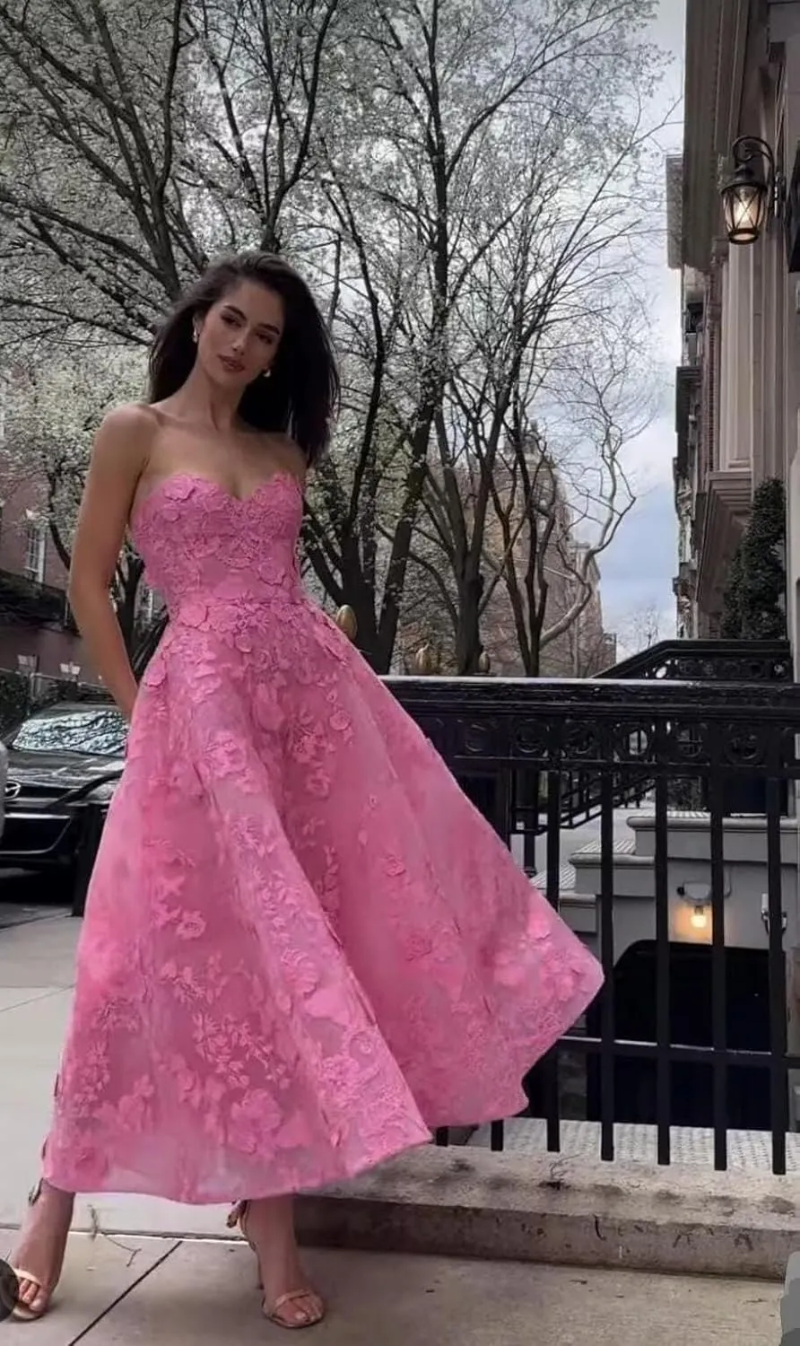FANGHEIA Strapless 3D Floral Laces Prom Dress for Women Sweetheart Formal Party Gowns Tea Length Princess Evening Dress