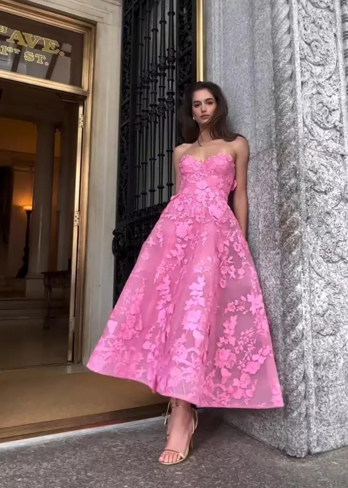 FANGHEIA Strapless 3D Floral Laces Prom Dress for Women Sweetheart Formal Party Gowns Tea Length Princess Evening Dress