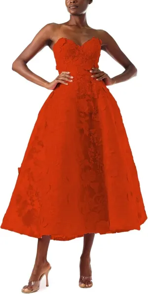 FANGHEIA Strapless 3D Floral Laces Prom Dress for Women Sweetheart Formal Party Gowns Tea Length Princess Evening Dress