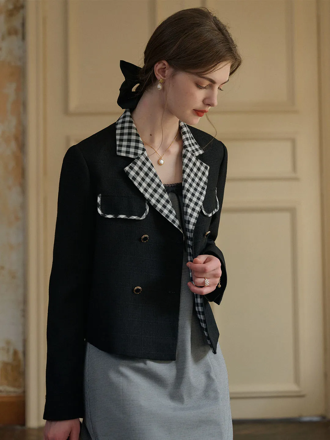 【Final Sale】Kennedy Classic Notched Lapel Contrast Check Jacket