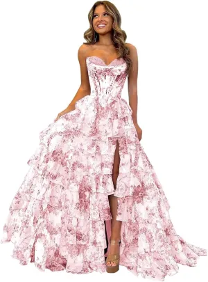 Floral Print Chiffon Prom Dresses for Women 2025 Corset Strapless Ball Gown Long A Line Formal Evening Gowns with Slit