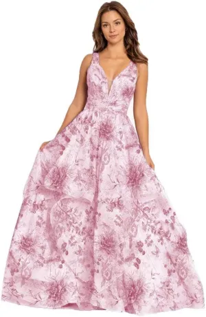 Floral Prom Dress for Women Long Pleated Plunging Mesh Tiered Ball Gown Formal Dresses