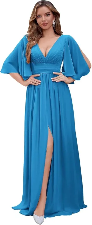 Flutter Sleeve Chiffon Bridesmaid Dresses for Women A Line Pleated Long Prom Gown Formal Evening Gown with Slit